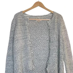 Ann Taylor LOFT Women's Sweater Blue White Fringe Open Front Cardigan Petite LG